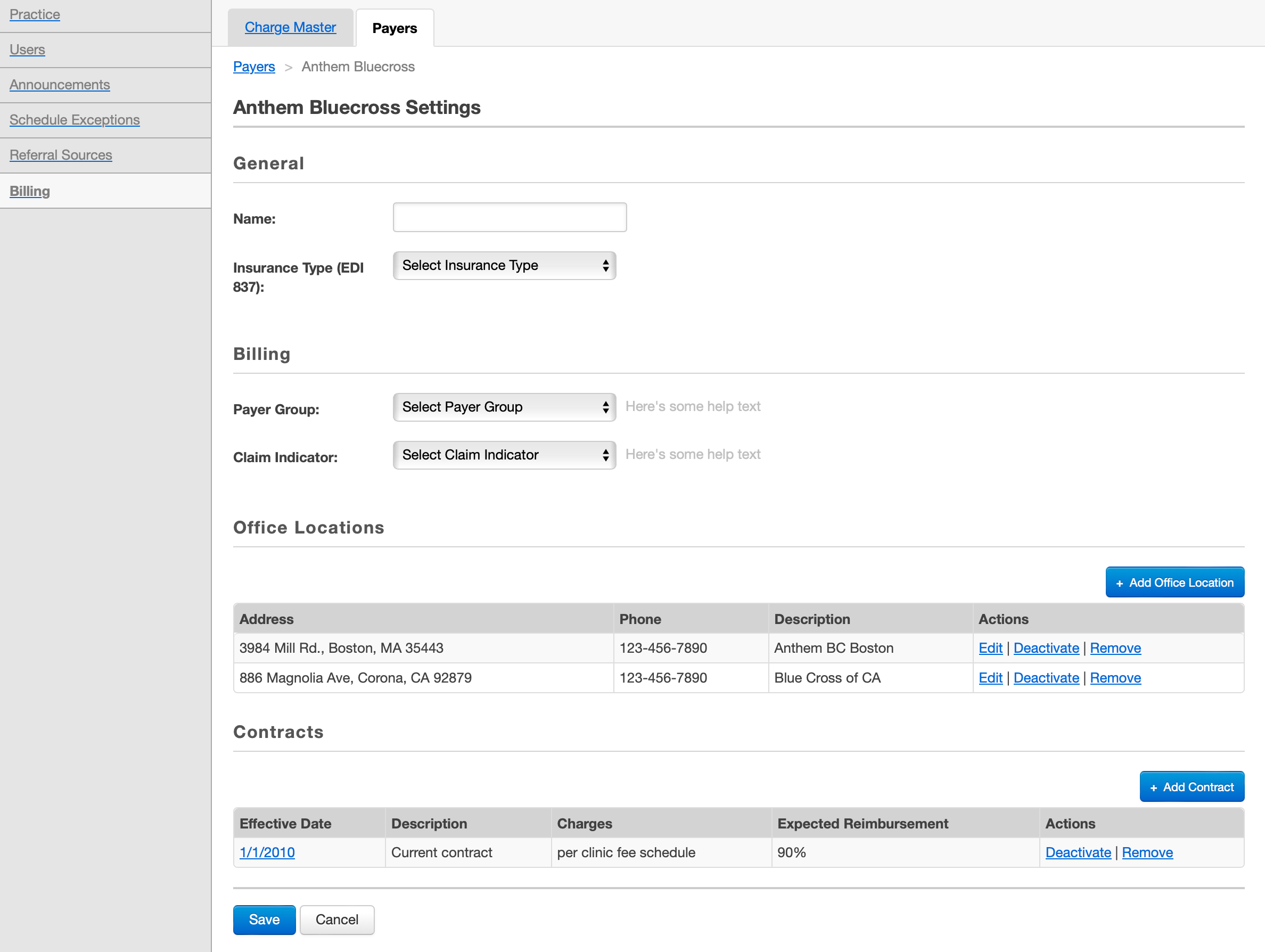 Insurance settings screen